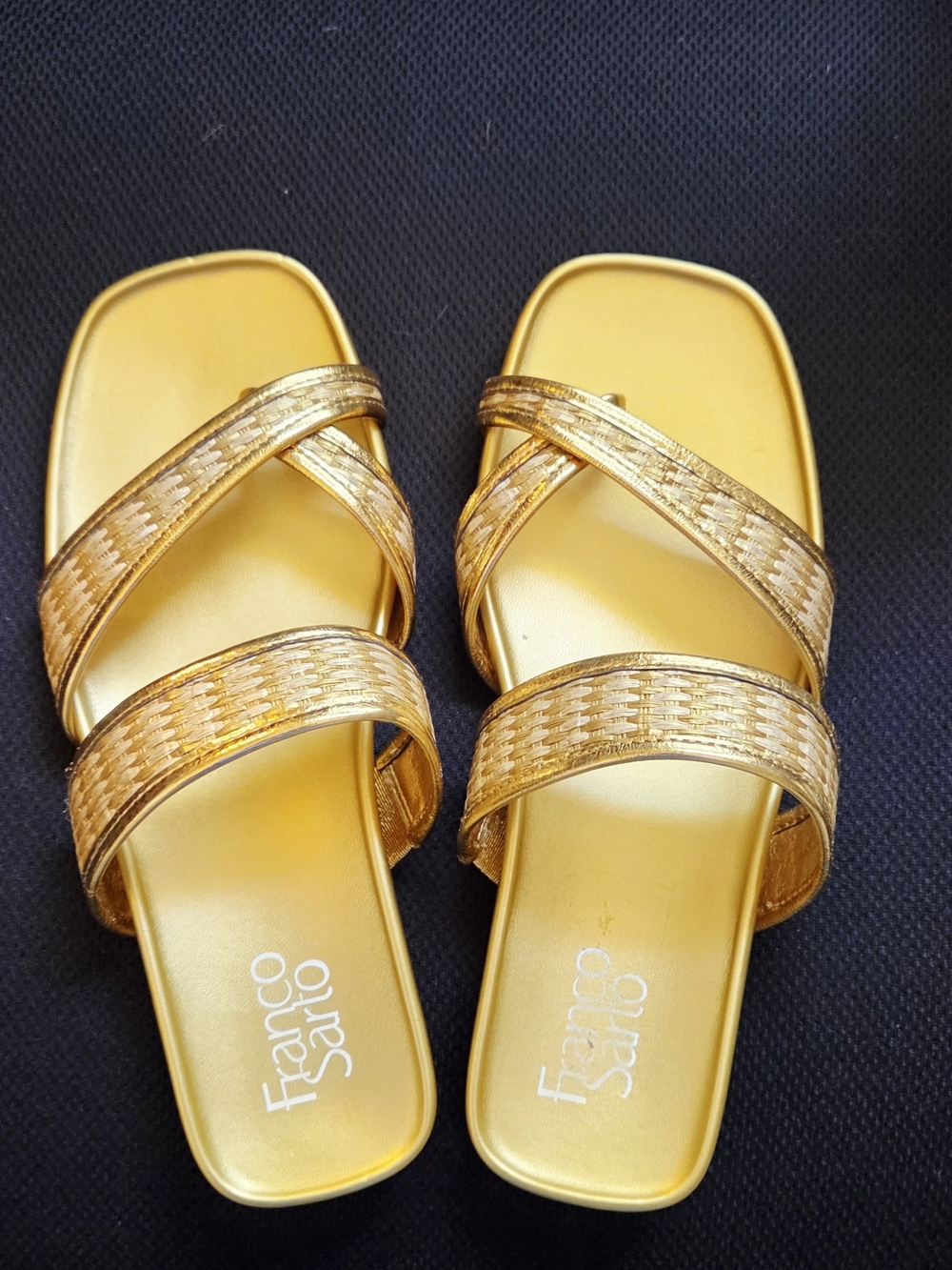 Franco Sarto Metallic Gold Woven Cross-Strap Slide Mules